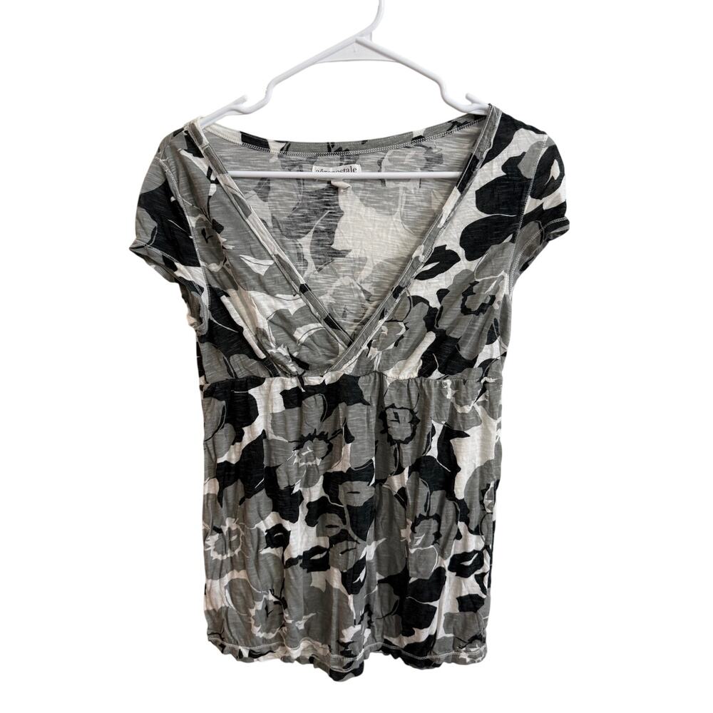 Y2K Aeropostale Babydoll Deep V-Neck Floral Gray White Top Sz L Cotton Modal
